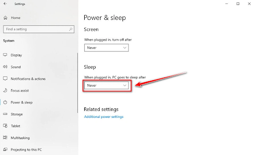 Chọn Never cho tùy chọn When Plugged in PC goes to Sleep After