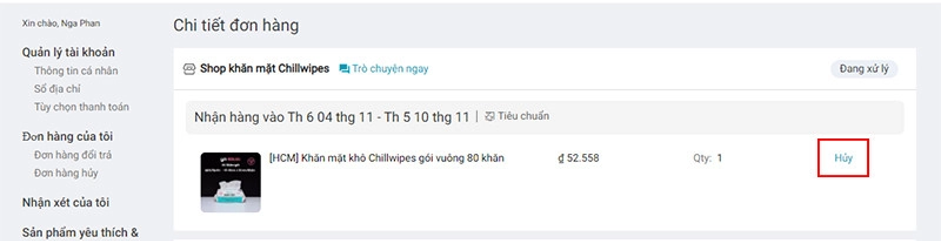 Hủy đơn hàng trên Lazada trên Web máy tính&nbsp;B4