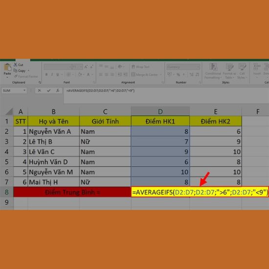 Cách tính điểm trung bình trong Excel 2010 bằng công thức trung bình cộng bước 1