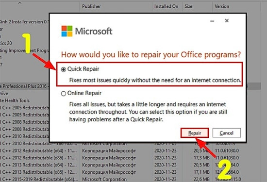 Sửa chữa Microsoft Office để khắc phục lỗi bước 3
