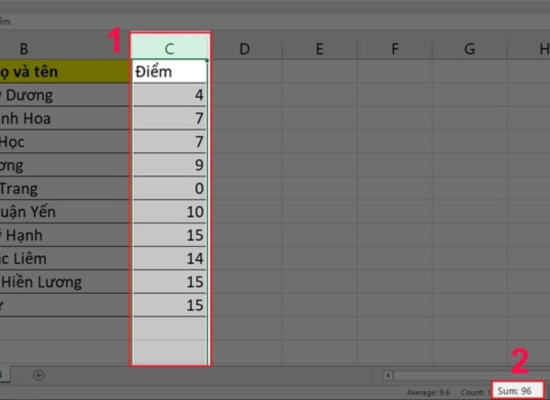 Tính tổng hàng dọc trong Excel từ thanh trạng thái