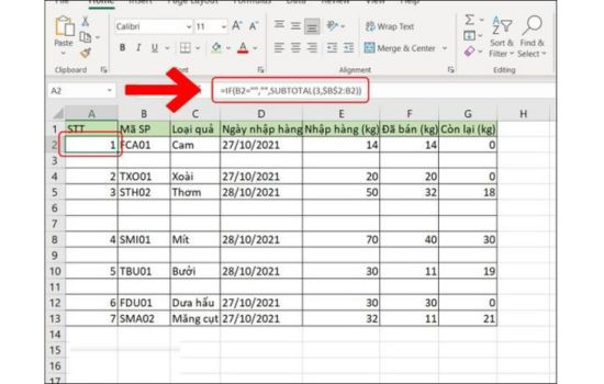 Hàm đánh số thứ tự trong Excel - SUBTOTAL lồng với IF b2