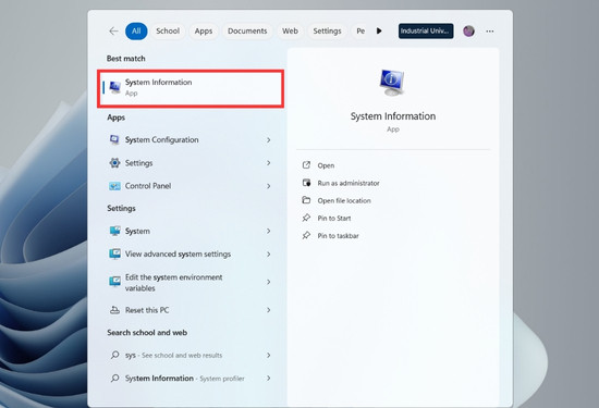 Bằng System information bước 1