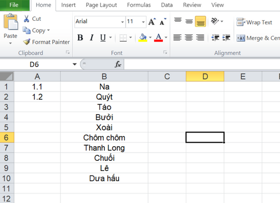 Cách đánh số thứ tự 1.1 trong Excel bằng chuột bước 1