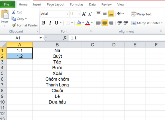 Cách đánh số thứ tự 1.1 trong Excel bằng chuột bước 2