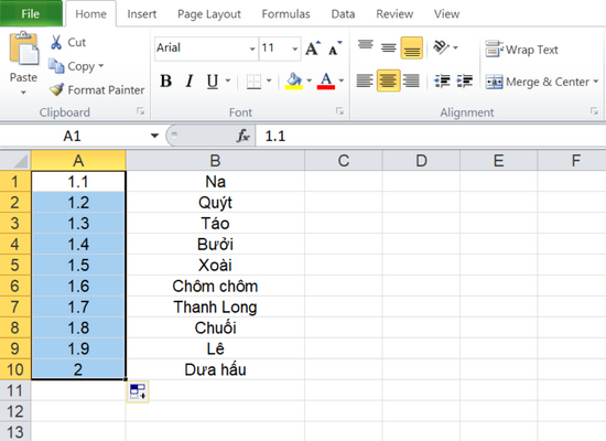 Cách đánh số thứ tự 1.1 trong Excel bằng chuột bước 3