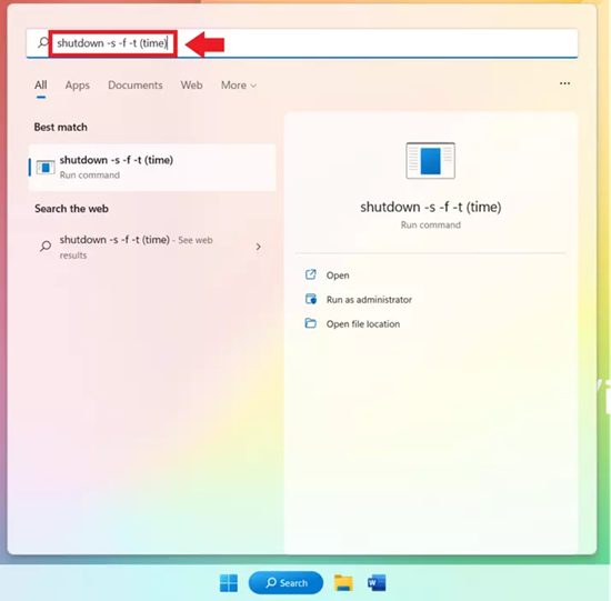 Cách hẹn giờ tắt máy tính Win 11 bằng thanh tìm kiếm Windows bước 2