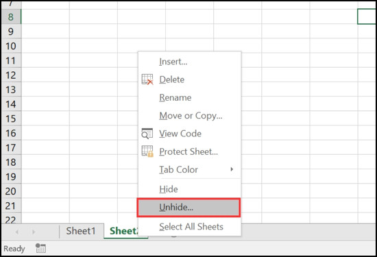 Cách mở các sheet bị ẩn trong Excel bằng Menu ngữ cảnh bước 1