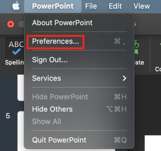 Điều chỉnh cài đặt Proofing (kiểm tra chính tả và ngữ pháp) trong PowerPoint trên Macbook bước 1 Điều chỉnh cài đặt Proofing (kiểm tra chính tả và ngữ pháp) trong PowerPoint trên Macbook bước 1