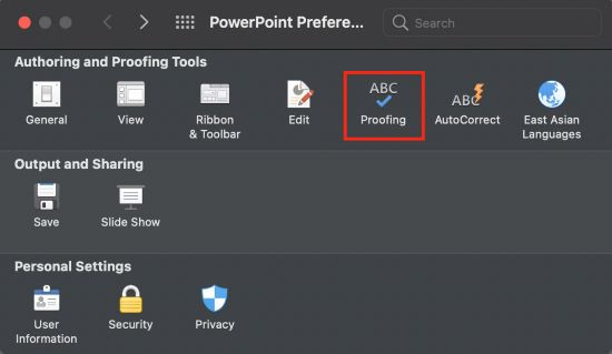 Điều chỉnh cài đặt Proofing (kiểm tra chính tả và ngữ pháp) trong PowerPoint trên Macbook bước 2