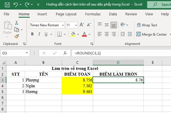 Cách làm tròn số Excel bằng hàm ROUND