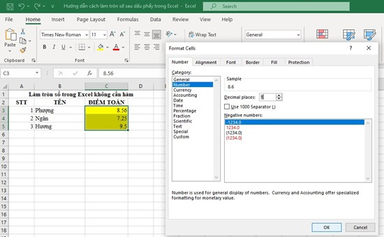 Hướng dẫn làm tròn số sau dấu phẩy trong Excel không dùng hàm