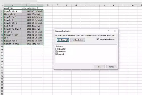 Cách lọc dữ liệu trùng trong Excel 2010 bằng Remove Duplicates