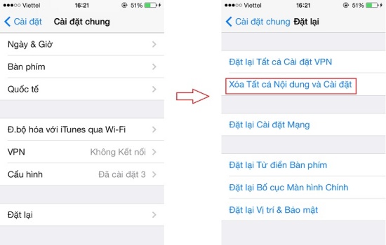 Xóa tất cả nội dung và cài đặt là một cách khắc phục lỗi iPhone tự thoát ứng dụng