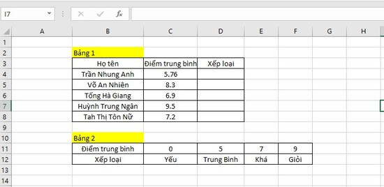 Ví dụ 1: Xếp loại thứ hạng của học sinh theo điểm số