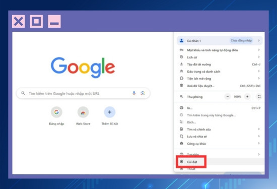 Bước 1 nhấn vào dấu ba chấm ở góc trên màn hình Chrome và chọn cài đặt