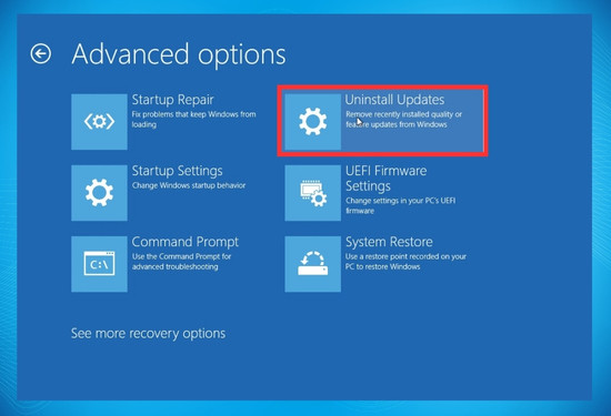bước 1 làm theo hướng dẫn Troubleshoot - Advanced Options - Uninstall Updates