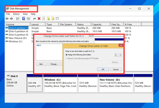 bước 2 chọn Disk Management rồi chọn tiếp Change Drive Letters and Paths