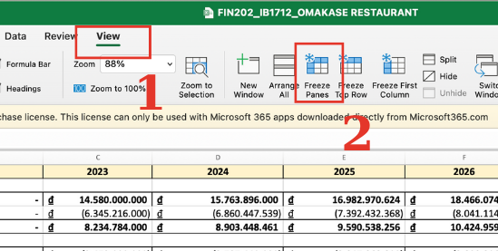 Cách cố định hai hàng trong Excel 2010 bước 2