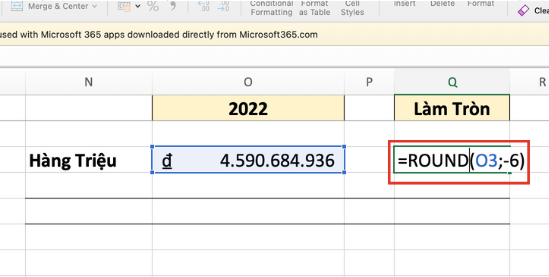 Cách làm tròn đến hàng triệu trong Excel bằng hàm Round bước 1
