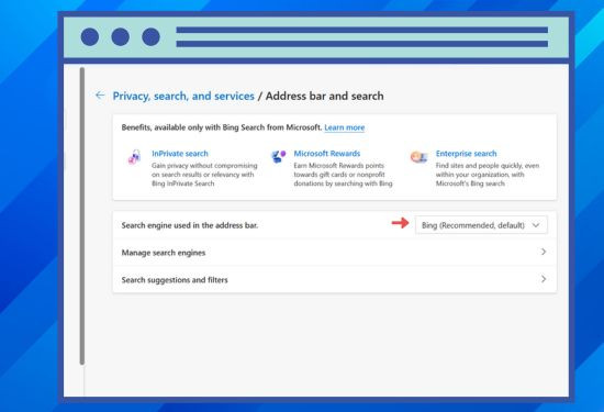 Chọn công cụ mặc định trên Menu cài đặt trên Microsoft Edge