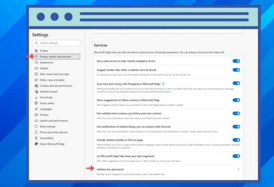 Menu cài đặt trên Microsoft Edge