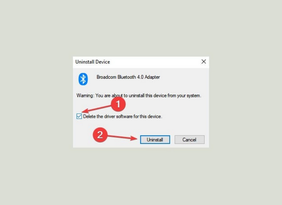 Tích vào ô Delete the driver software for this device và nhấn Uninstall