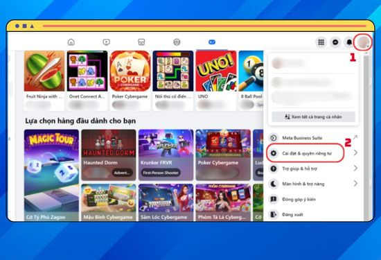 vào trang Facebook của bạn và chọn cài đặt
