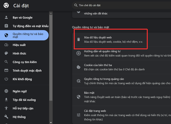 Xóa dữ liệu Chrome bước 2