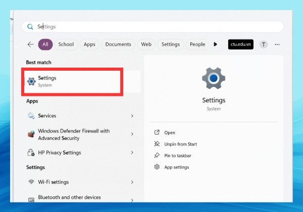 Bước 1 mở mục Settings bằng cách nhấn vào biểu tượng windows trên thanh taskbar