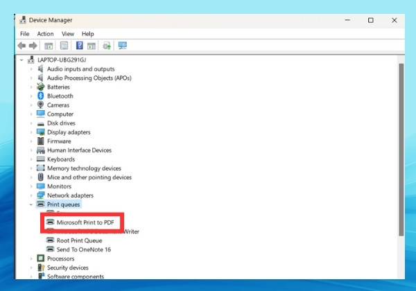 Bước 2 chọn Print queues sau đó chọn Microsoft Print to PDF, rồi chọn Update driver