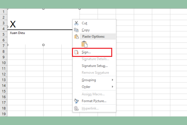 Cách tạo chữ ký điện tử trên file Excel bước 4