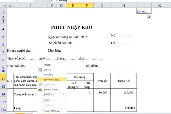 Copy Sheet trong Excel bằng cách nhấp chuột phải bước 1