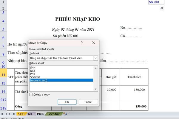 Copy Sheet trong Excel bằng cách nhấp chuột phải bước 2