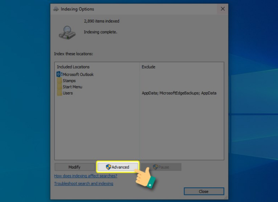 Indexing Options bước 4