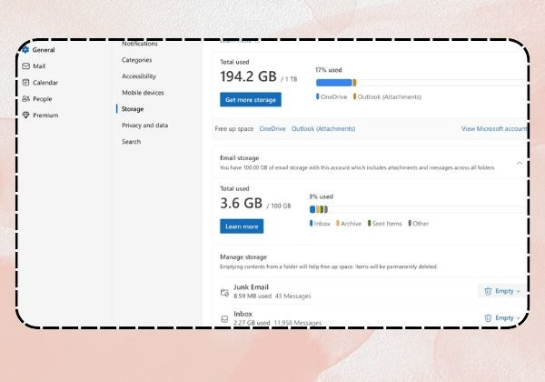 Kiểm tra dung lượng mail outlook
