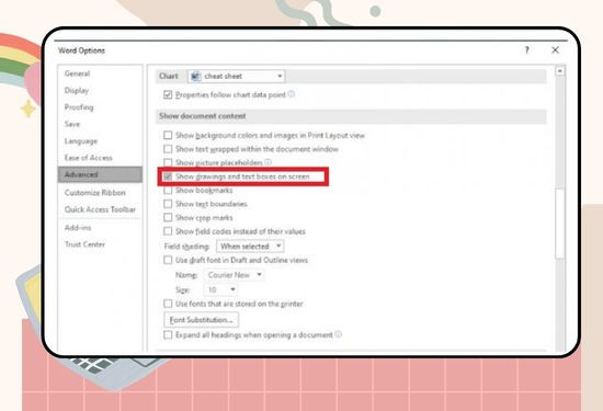 Sử dụng lệnh “Show drawings and text boxes on-screen”