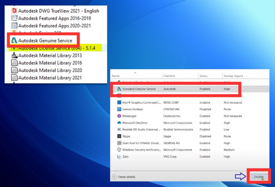 tại giao diện Task Manager tìm Autodesk Genuine Service và thực hiện Disable