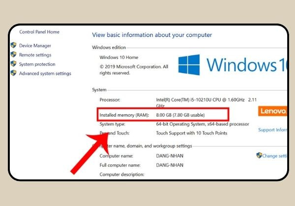 Kiểm tra dung lượng RAM qua Computer Properties B2