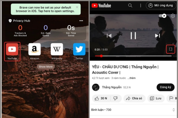cách thu nhỏ màn hình youtube trên iPhone đơn giản Brave bước 2