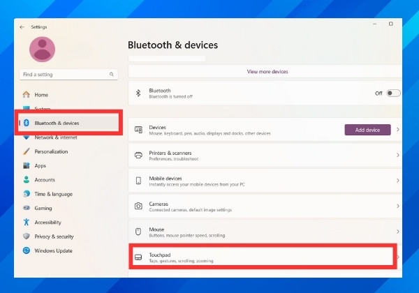 Bước 2 chọn Bluetooth Devices sau đó chọn Touchpad Bước 2 chọn Bluetooth Devices sau đó chọn Touchpad