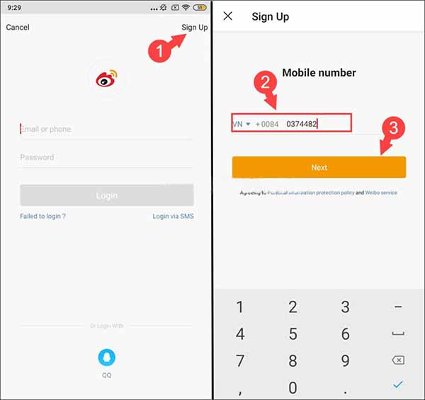 Cách đăng ký Weibo trên điện thoại bước 2