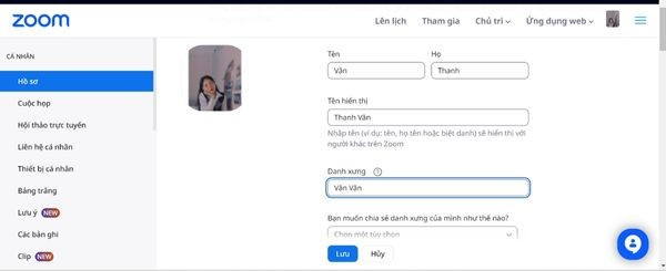 Cách đổi tên Zoom trong Profile bước 2
