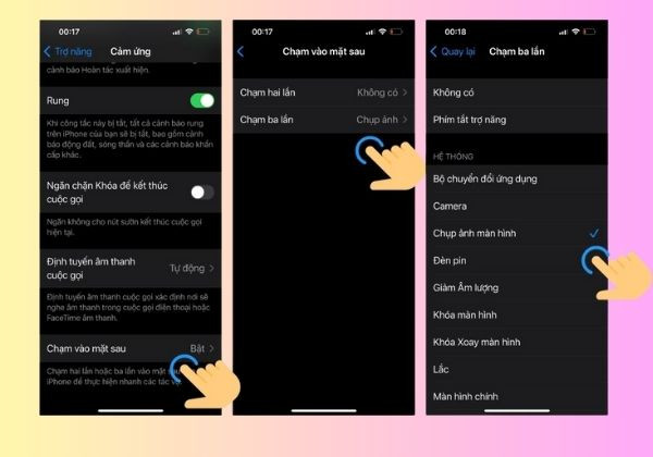 Cách cap màn hình iPhone bằng cách gõ/chạm mặt sau từ iOS 14 trở lên bước 1 và 2