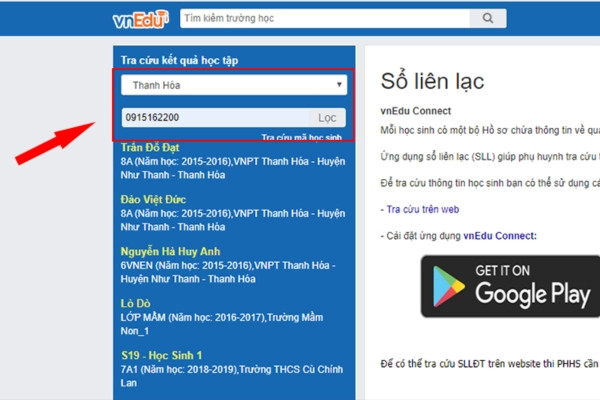 vnedu tra cứu điểm
