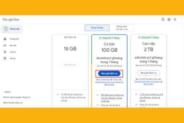 Đăng ký dịch vụ Google One tại Việt Nam bước 2