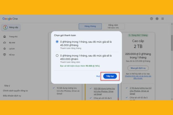 Đăng ký dịch vụ Google One tại Việt Nam bước 3