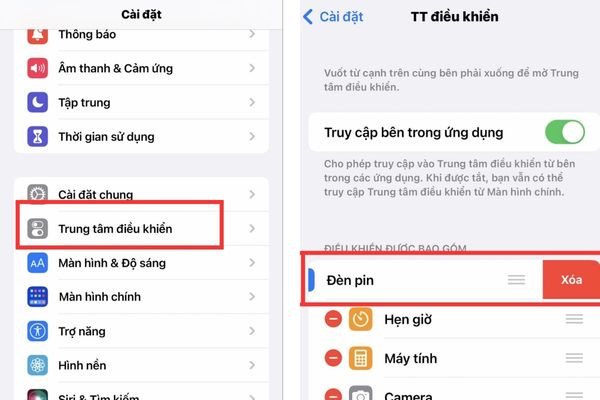 Làm sao để xóa đèn pin khỏi Trung tâm điều khiển?