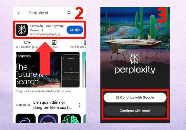 Tải Perplexity AI bằng điện thoại Android bước 2 và 3