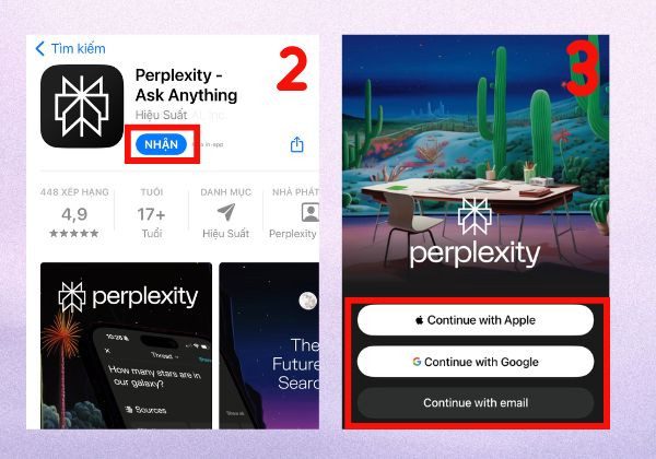 Tải Perplexity AI bằng điện thoại iOS bước 2 và 3